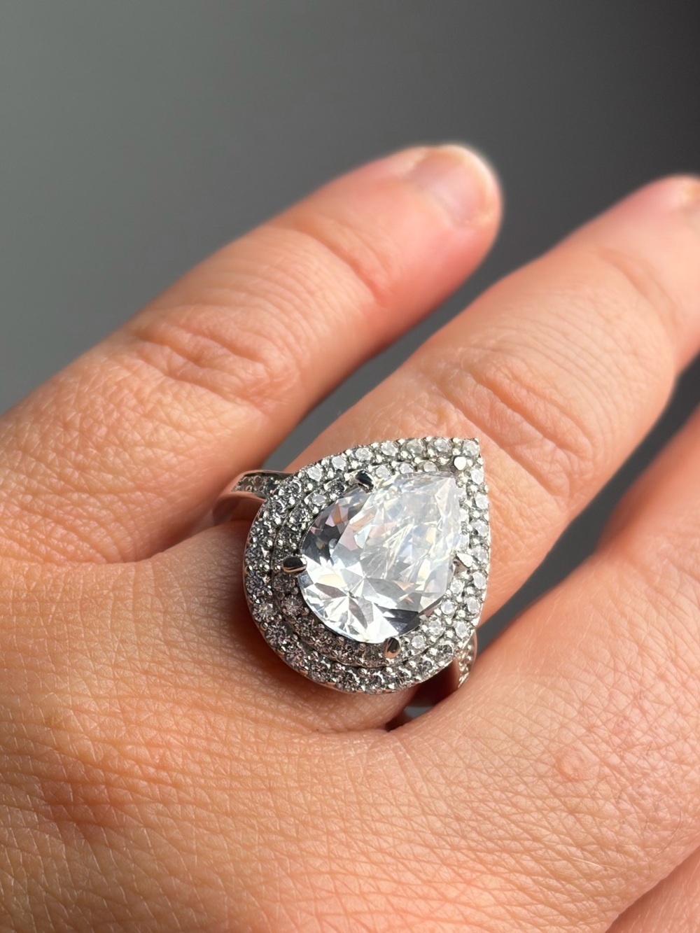 Silver Pear Cut Halo CZ Statement Ring Rhodium Size 7 Unmarked